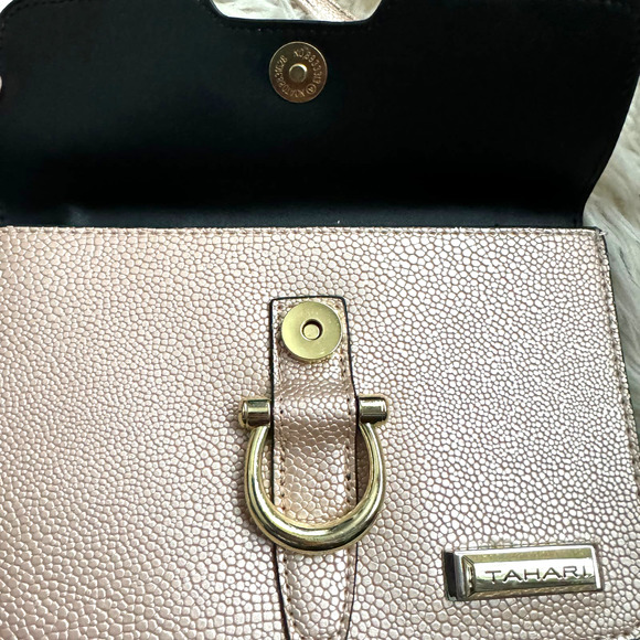 Tahari Rose Gold Mini Glamper Cross Body Bag Faux Pebble Leather - Picture 6 of 12